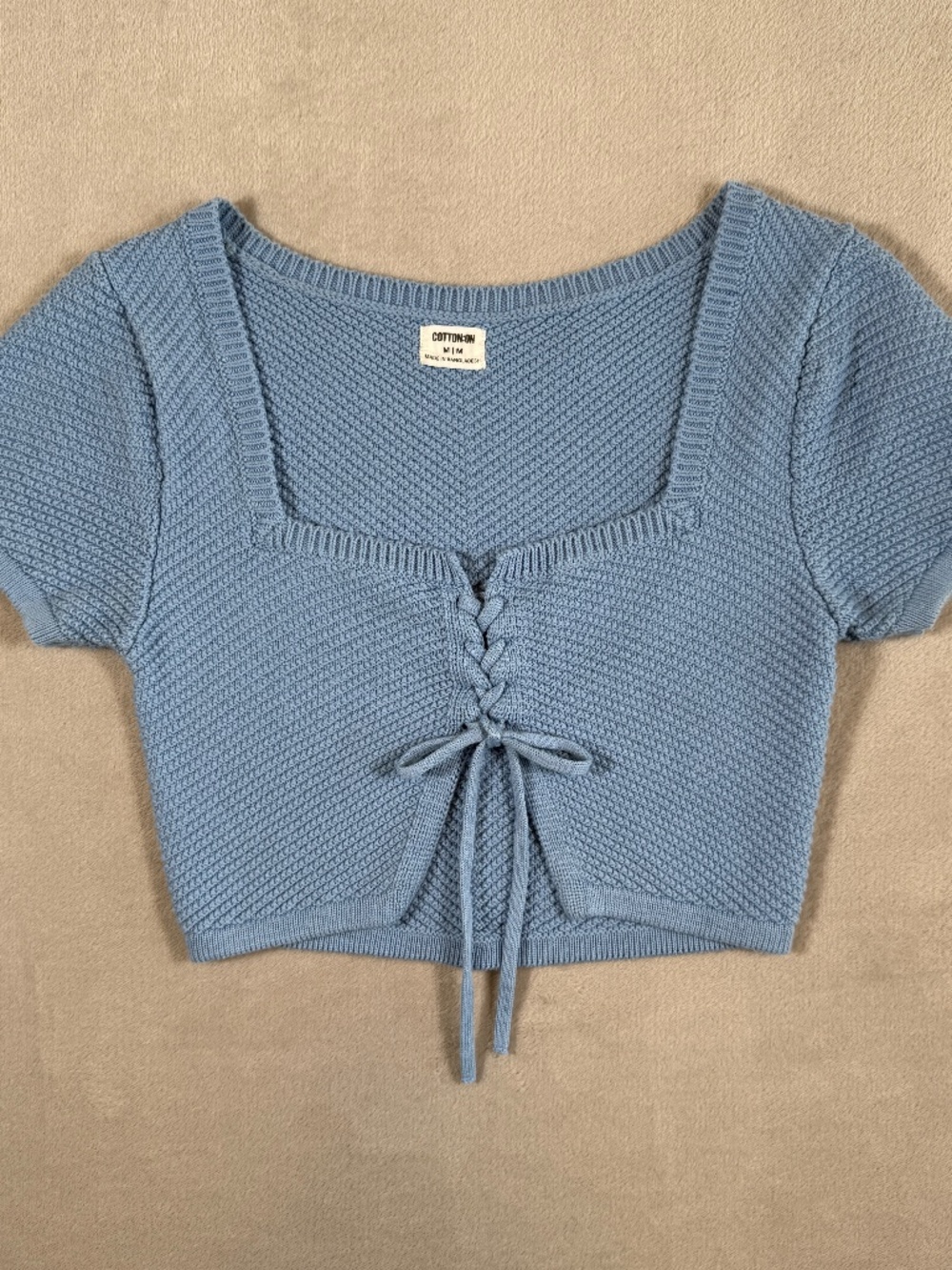 Cotton On Top Womens Medium Blue Short Sleeve Lace Up Front Tie Knit Crop